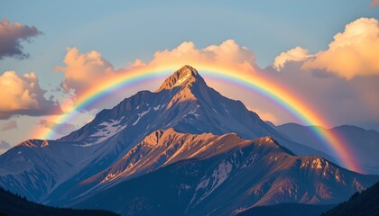 Fototapeta premium Majestic Mountain Peak with Vibrant Rainbow Arching Across Sunset Sky