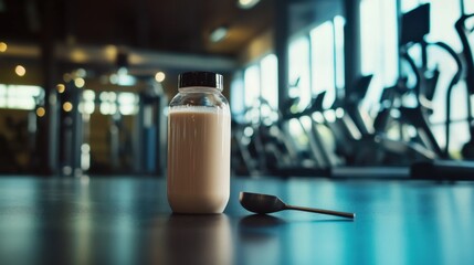 Protein Shake Bottle with Scoop Beside it