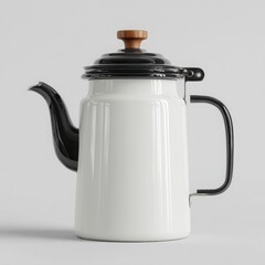 Fototapeta premium Vintage Ceramic Teapot with Wooden Handle: Retro Style White Enamel Kettle for Minimalist Home Decor
