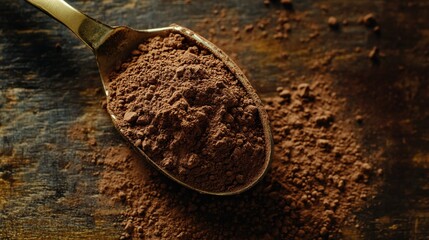 Scoop of chocolate protein powder on rustic wooden surface