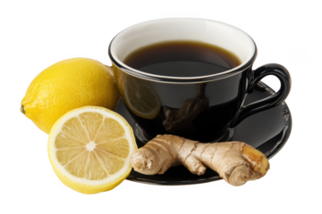 Ginger tea with lemon isolated on transparent background