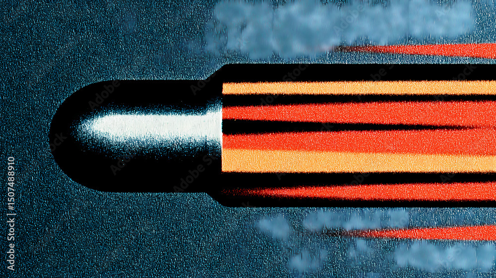 Wall mural close up view of a metallic bullet casing being rapidly ejected with motion blur emphasizing its hig