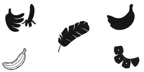 Banana fruit vector illustration set with leaf and slices for healthy eating and design elements