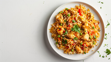 authentic Indian chicken biryani served on a simple white ceramic plate, colorful saffron rice with visible spices, chicken pieces, fried onions and herbs, clean white background	