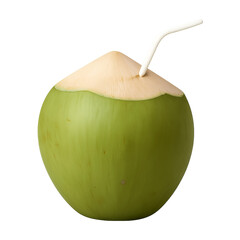 Green coconut with straw isolated on transparent background, tropical refreshment drink concept