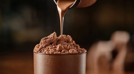 Chocolate Protein Powder Being Poured into Measuring Cup