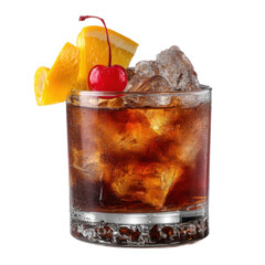 Refreshing old fashioned cocktail with orange and cherry