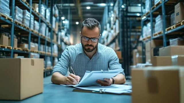 A logistics manager with focused attention reviews distribution schedules on his dual screens, making notes on a pad of paper, surrounded by boxes and a digital clock ticking down