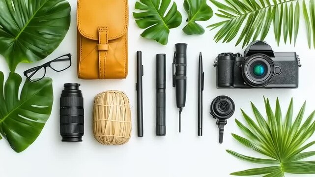 Photographer's tropical creative workspace with black camera and green foliage