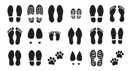 Human bare walk footprints shoes and shoe sole Kids feet vector set. footsteps icon or sign for print, trail Walking footstep and footprint follow route sale