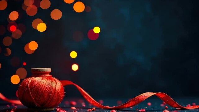 A red spool of thread on a blue background.