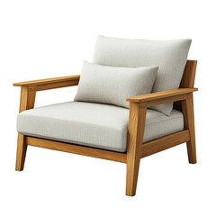 A simple sofa made of wood with comfortable seats, a wooden sofa chair with a fabric seat, a simple fabric sofa chair on a wooden frame, on a transparent backgrounds