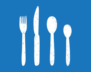 silverware spoon, tablespoon and teaspoon, fork and knife textured grunge icon silhouette set. 