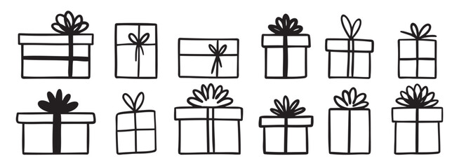 gift box doodle. Gift doodle bow present with ribbon illustration. Present hand drawn icon decorative outline element