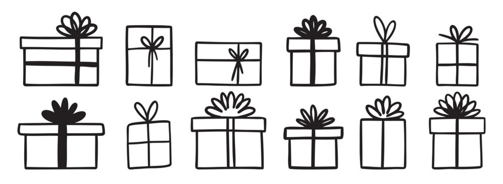 gift box doodle. Gift doodle bow present with ribbon illustration. Present hand drawn icon decorative outline element