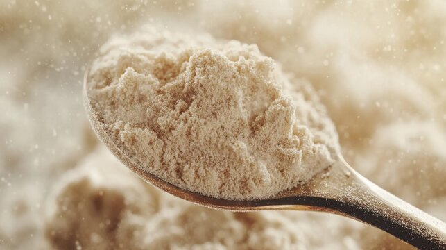 Measuring spoon filled with vanilla protein powder