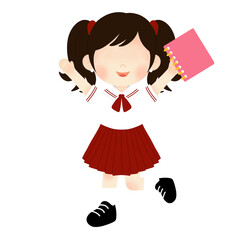 Energetic Young Indonesian Schoolgirl Cartoon with a Bright Smile, Holding a Pink Book and Stepping Forward - Enthusiastic for Education and Future
