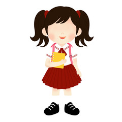 Happy Young Indonesian Schoolgirl Cartoon with a Bright Smile, Dressed in Traditional Red and White Uniform, Carrying a Yellow Notebook and Pink Backpack - Ready for Learning and School