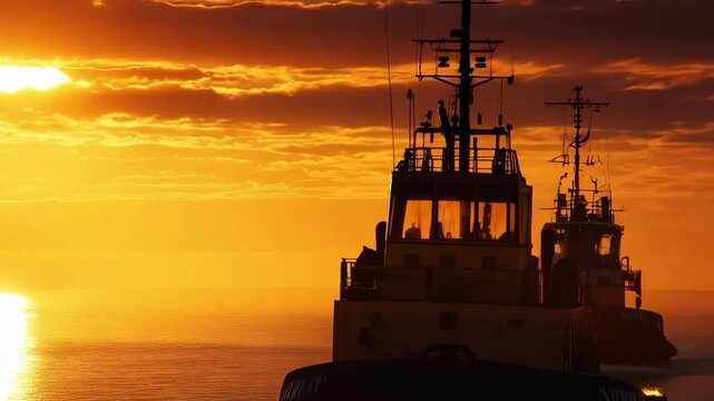 Two tugboats navigating calm waters at sunset, silhouetted against golden light, creating a striking maritime scene with tranquil atmosphere.
