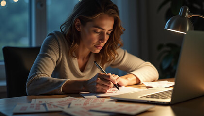 Woman reviewing unpaid bills at a desk with a laptop and desk lamp in a dimly lit room