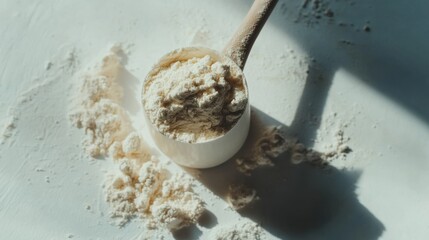 Scoop of whey protein powder on white surface