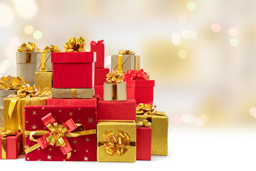 Golden and red gift boxes for holidays, birthday, promotions, christmas, new year, wedding. Elegant...