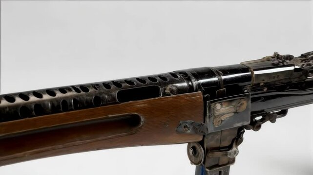 Detailed studio shot featuring a vintage black submachine gun with wooden stock and intricate decorative carvings on a white background