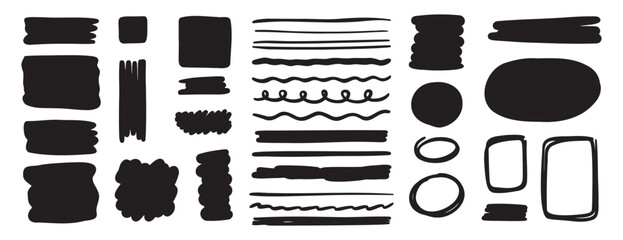 doodle shape rough and hand drawn rectangle grunge brush texture set. line button and circle frames. round sketch banner and borders