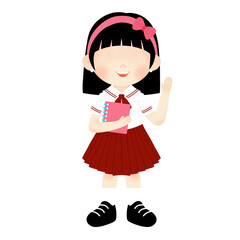Cheerful Elementary Student with Straight Black Hair and Pink Headband, Ready for Learning with a Notebook