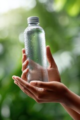 Refreshing branded water bottle held in hands against a vibrant outdoor backdrop with dew drops