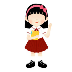 Happy Little Girl in Red and White School Uniform with Pink Headband, Waving Hello and Holding a Yellow Notebook – Ideal for Education and Children's Content