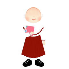 Cute Cartoon of a Hijabi Schoolgirl in a Red Pleated Skirt and White Shirt, Holding a Textbook with a Gentle Smile