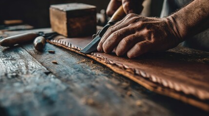 Leather craftsmanship process with artisan hands and tools on workbench