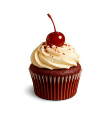 Delicious cupcake with cherry on top isolated on transparent background, sweet dessert for parties and baking