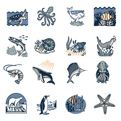 A collection of hand drawn images of sea creatures in a vector flat design.