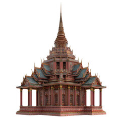 the image showcases a highly ornamented structure with intricate detailing throughout. the building features multiple levels of layered roofs with ornate points and an imposing central spire