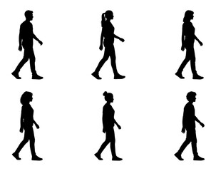 Fototapeta premium Side Walking People Silhouette Set – Black Silhouette Vector