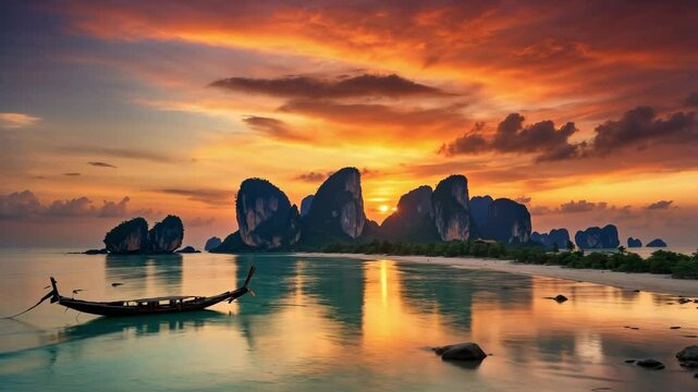 Amazing panoramic nature view from flying fpv drone at high speed over the lake, mountains and boat during sunset
