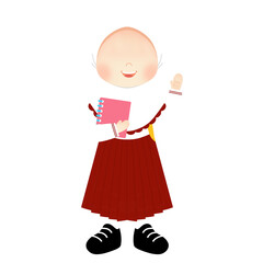 Illustration of a Young Islamic Girl in School Attire with a Headscarf, Expressing Joy and Preparedness for Study