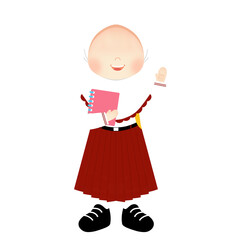 Happy Muslim Schoolgirl in Red and White Uniform with Hijab, Holding a Pink Book and Waving - Ideal for Education Concepts