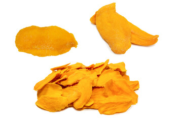 Naklejka premium Dry tasty mango slices isolated on a white background.