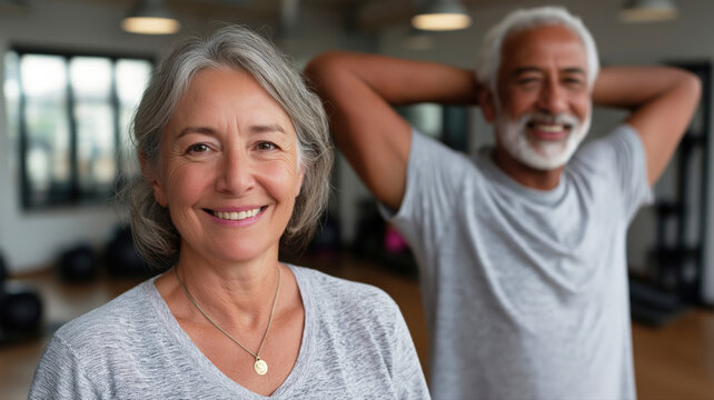 Elderly couple smiling while exercising in a fitness studio - Powered by Adobe