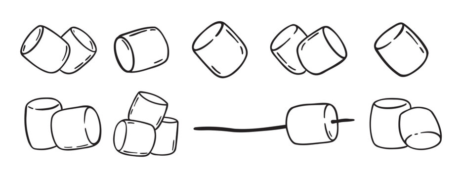 Marshmallows doodle hand drawn icon set. Outline drawing marshmallow line clipart symbol collection