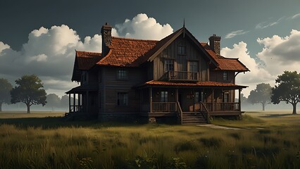 A rustic wooden house with a red tile roof sits in a field under a cloudy sky on a foggy day