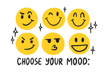 Vintage retro hand drawn crayon smiley face illustration print with slogan choose your mood for graphic t shirt, poster or sticker 
