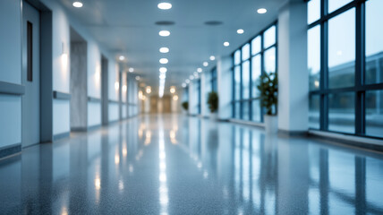 Fototapeta premium Modern hallway with polished floor and large windows in a building 