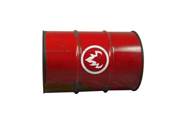 Red barrel or oil-drums with a flammable sign. Rusty dangerous barrel with fuel or crude oil on...