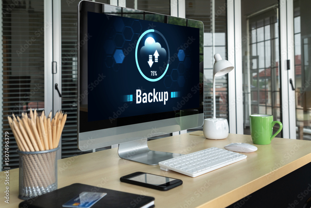 Poster backup storage data internet technology business concept. database storage cloud technology file dat