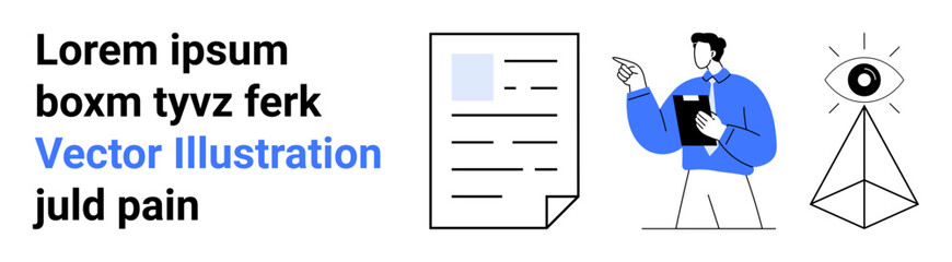 Man pointing at document while holding clipboard, abstract pyramid with eye above. Ideal for business, analytics, creativity, vision, documentation, presentations, simple landing page