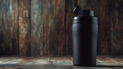 Obraz premium Black shaker bottle with protein scoop on wooden surface